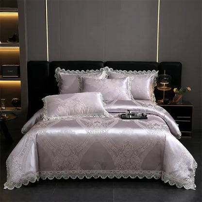 Golden jacquard cotton bedding set bedroom lace floral duvet cover