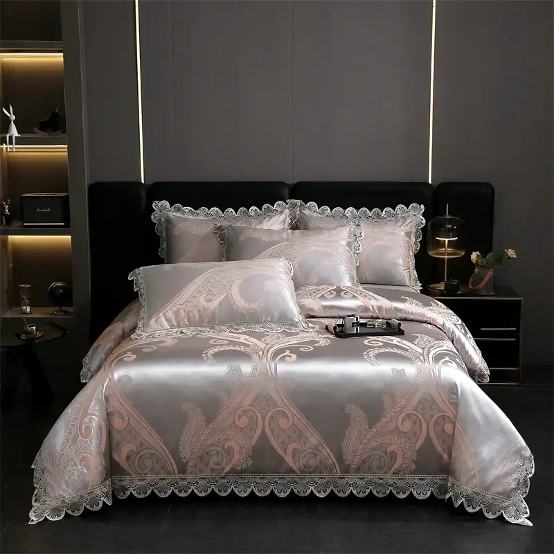 Golden jacquard cotton bedding set bedroom lace floral duvet cover