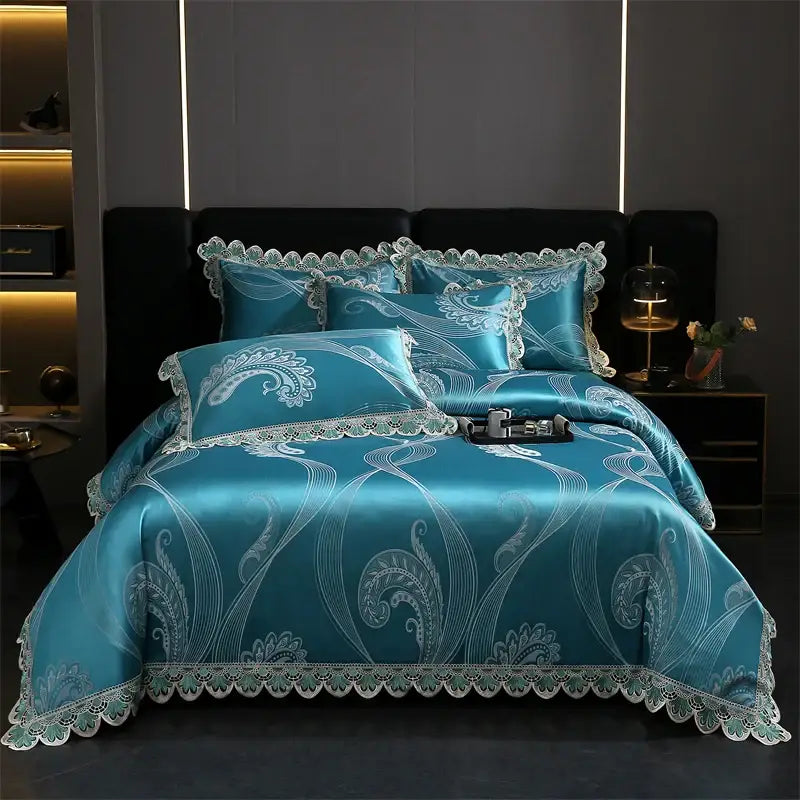 Golden jacquard cotton bedding set bedroom lace floral duvet cover