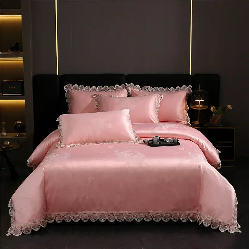 Golden jacquard cotton bedding set bedroom lace floral duvet cover