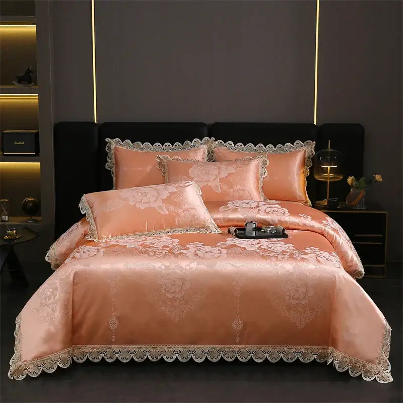 Golden jacquard cotton bedding set bedroom lace floral duvet cover