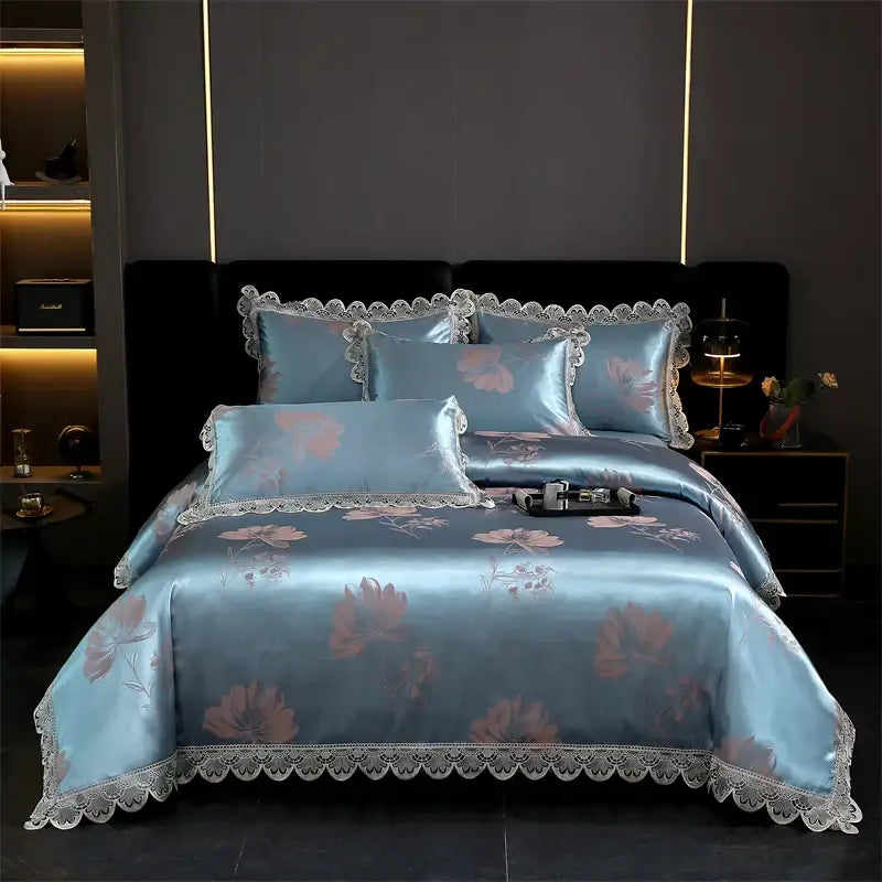 Golden jacquard cotton bedding set bedroom lace floral duvet cover