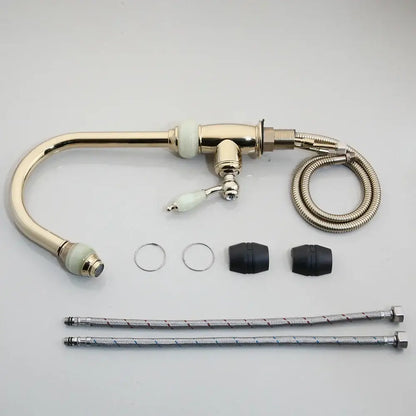 Golden jade & diamond handle kitchen faucet with swivel pull