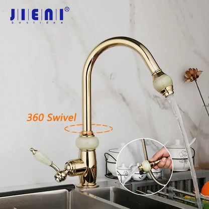 Golden jade & diamond handle kitchen faucet with swivel pull