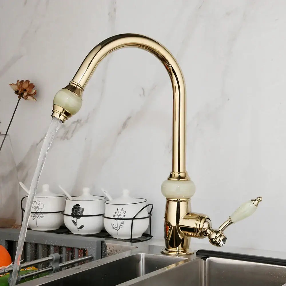 Golden jade & diamond handle kitchen faucet with swivel pull
