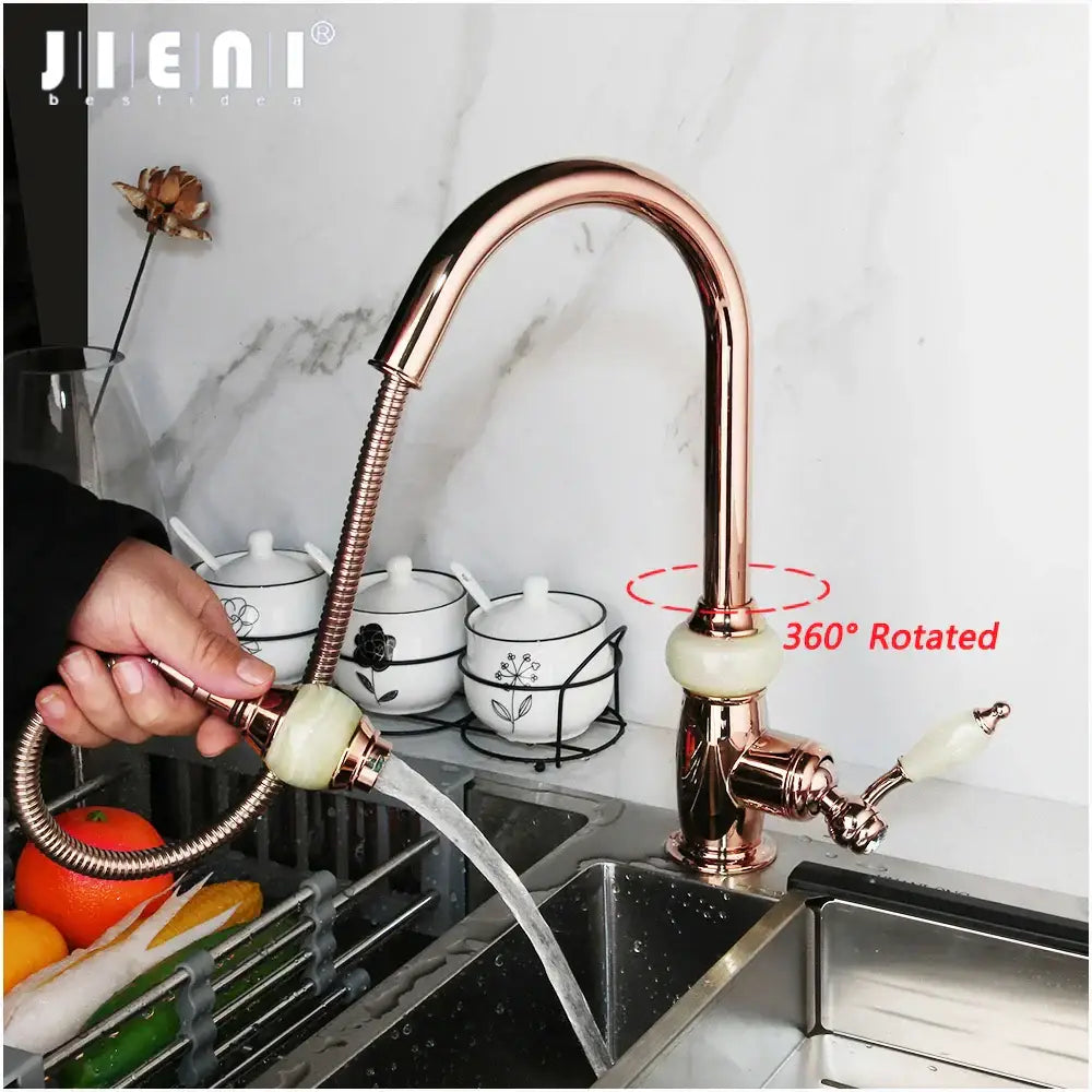 Golden jade & diamond handle kitchen faucet with swivel pull