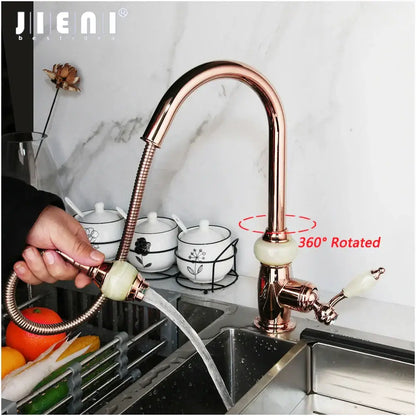 Golden jade & diamond handle kitchen faucet with swivel pull