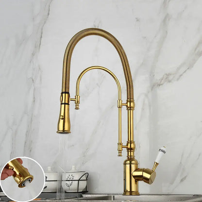 Golden kitchen faucet with white ceramic handle and swivel spout