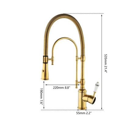 Golden kitchen faucet with white ceramic handle and swivel spout