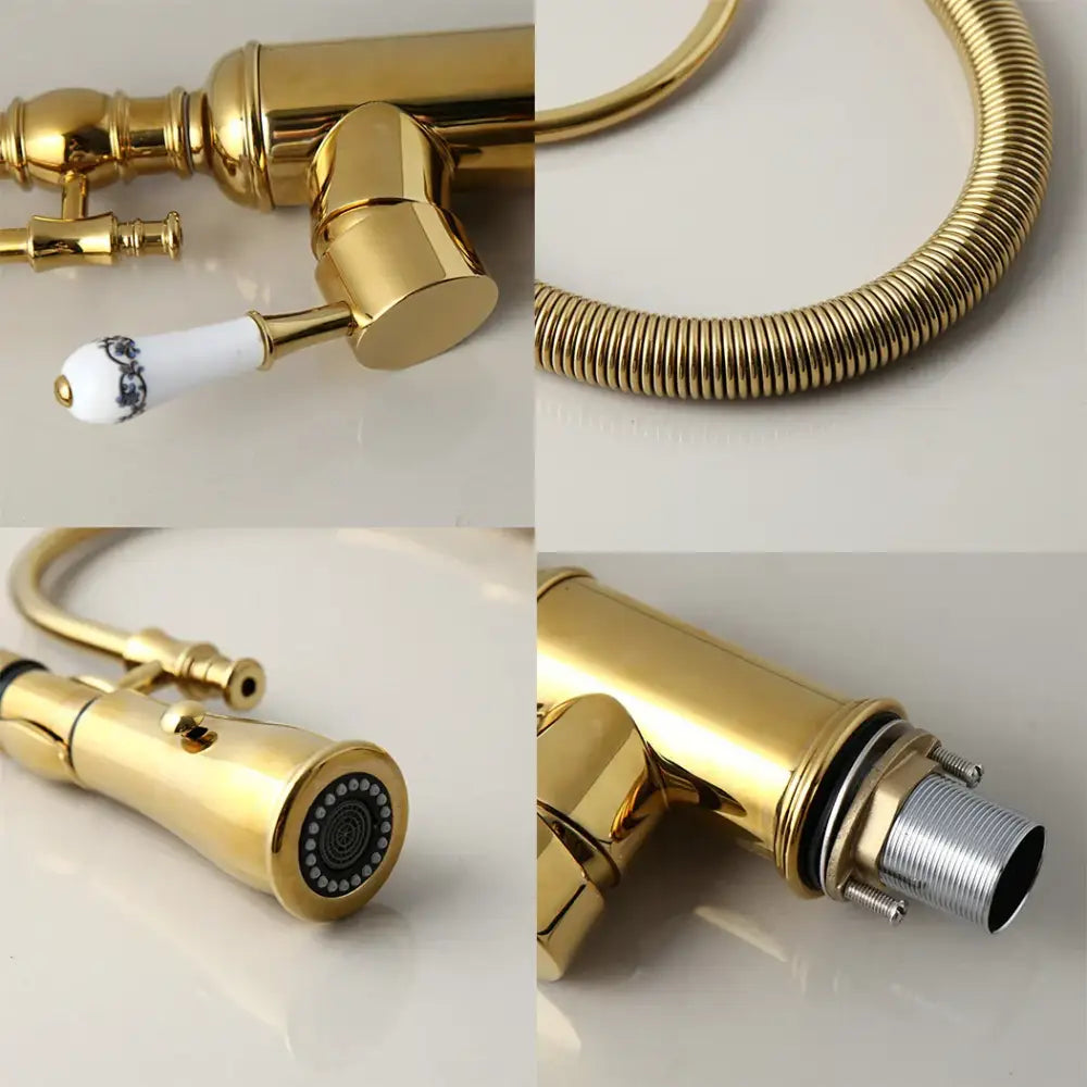 Golden kitchen faucet with white ceramic handle and swivel spout
