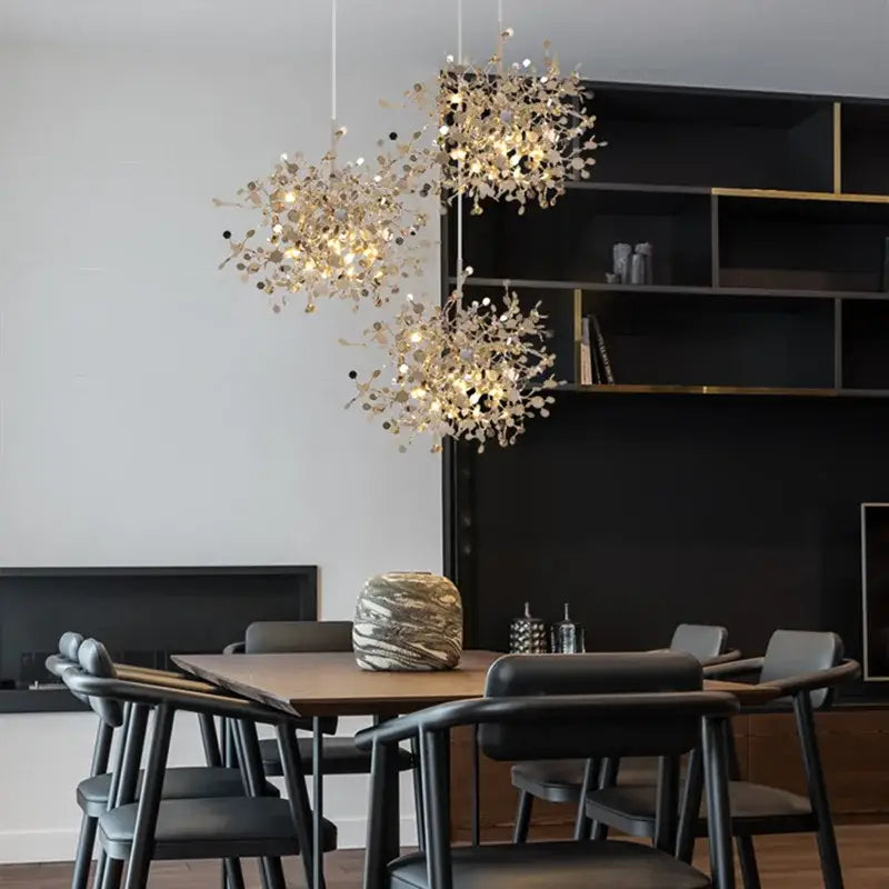 Golden leaf pendant light dining room intricate branch hanging lamp