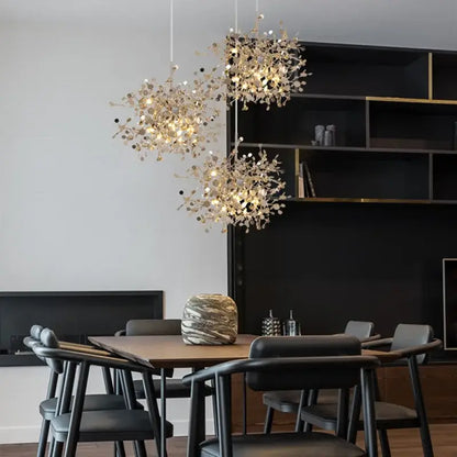 Golden leaf pendant light dining room intricate branch hanging lamp