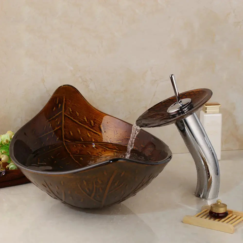 Golden leaf vessel sink set brown glass bathroom decor