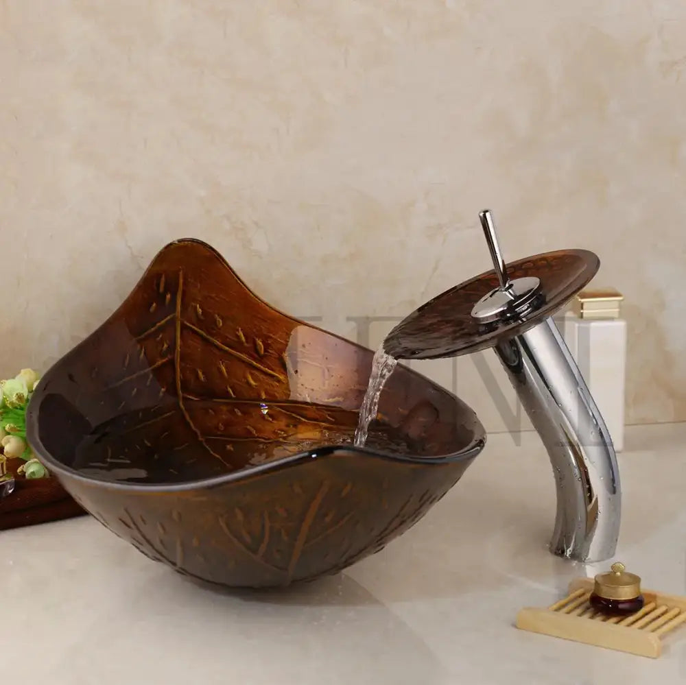 Golden leaf vessel sink set brown glass bathroom decor