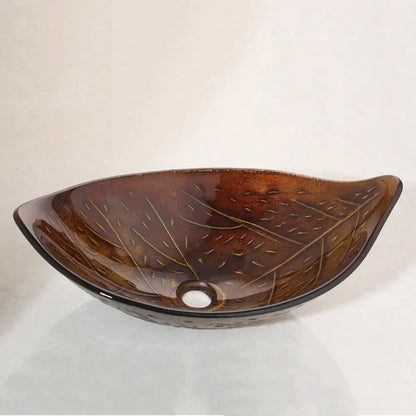 Golden leaf vessel sink set brown glass bathroom decor
