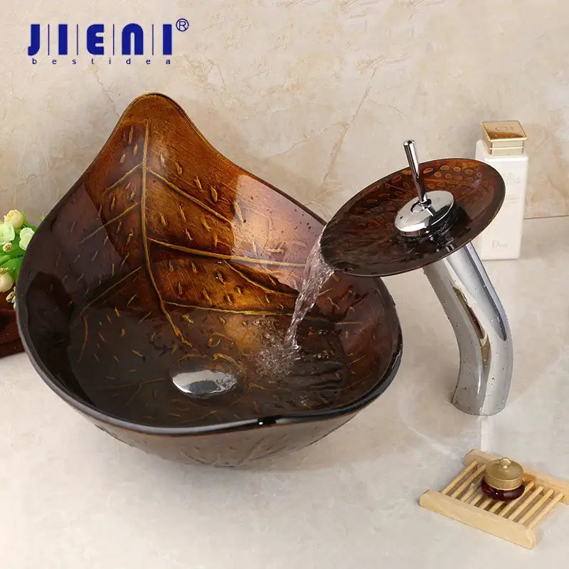 Golden leaf vessel sink set brown glass bathroom decor