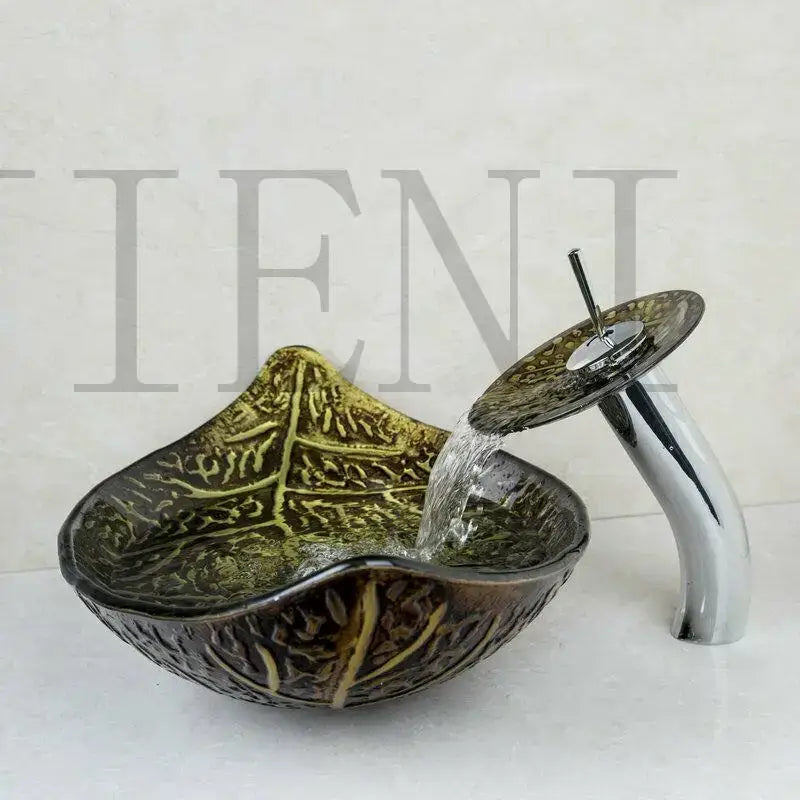 Golden leaf vessel sink set brown glass bathroom decor