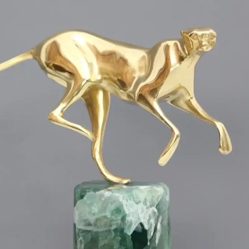 Golden leopard brass and green marble figurine living room decor