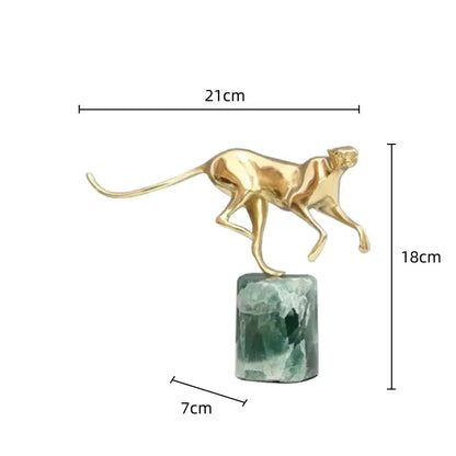 Golden leopard brass and green marble figurine living room decor