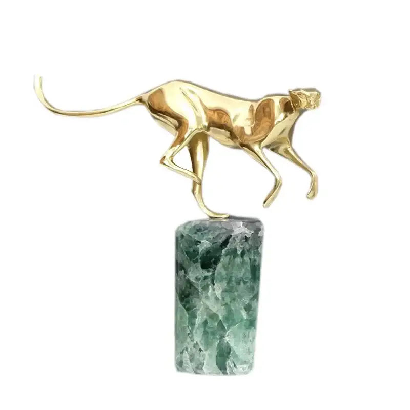 Golden leopard brass and green marble figurine living room decor