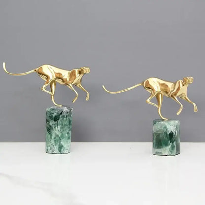 Golden leopard brass and green marble figurine living room decor