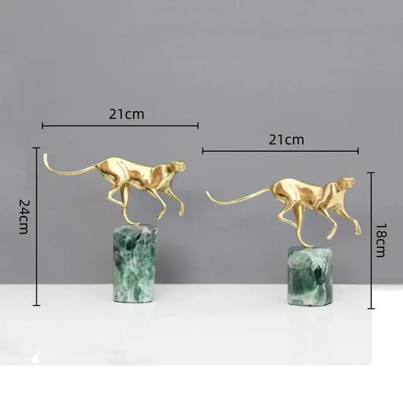 Golden leopard brass and green marble figurine living room decor