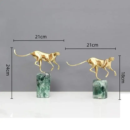Golden leopard brass and green marble figurine living room decor
