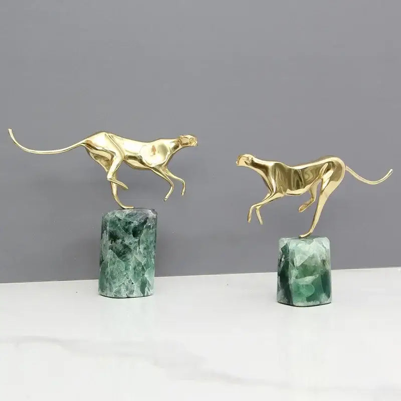 Golden leopard brass and green marble figurine living room decor