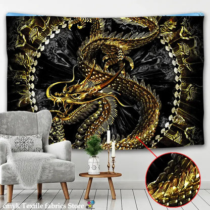Golden loong dragon totem tapestry bedroom wall art