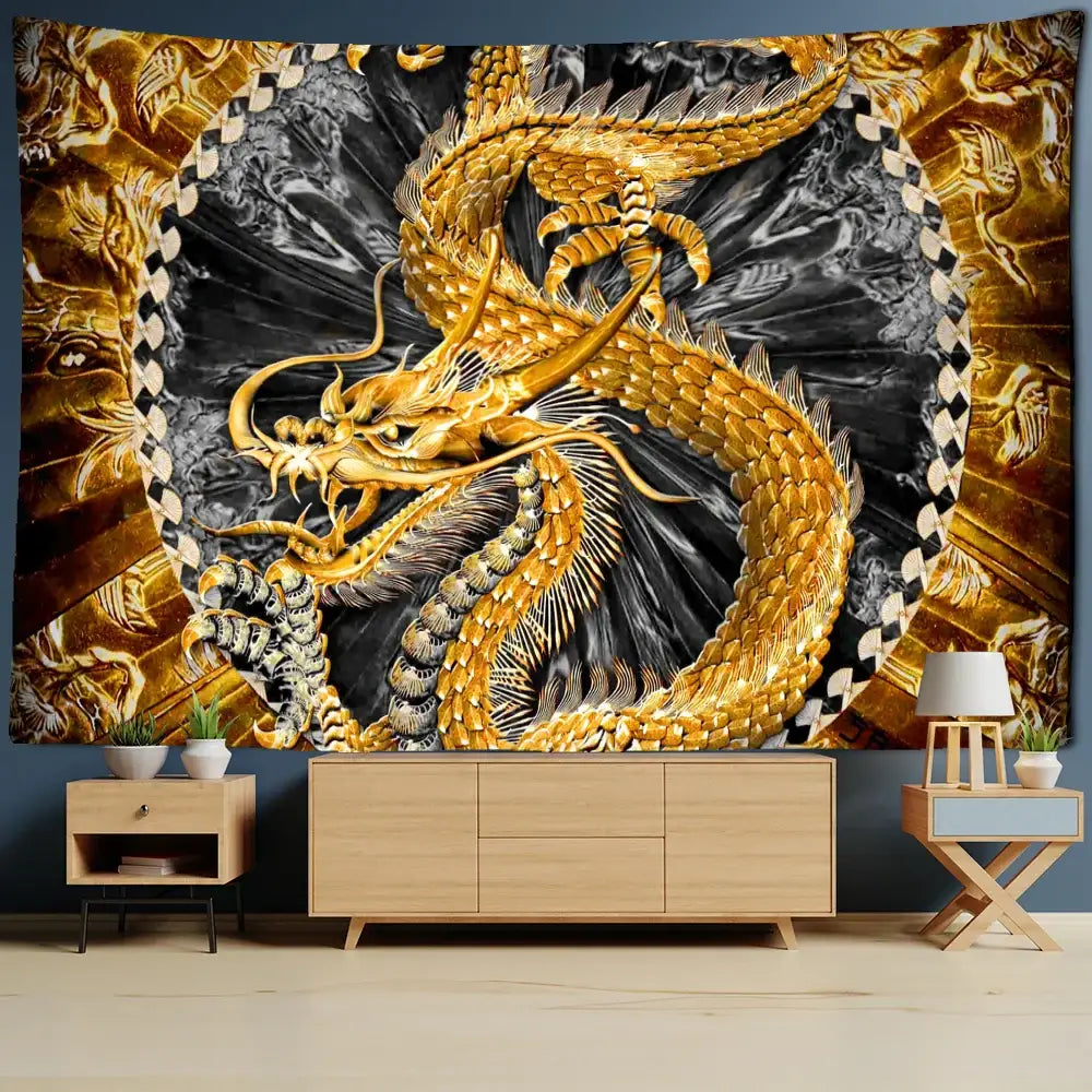 Golden loong dragon totem tapestry bedroom wall art