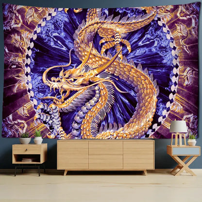 Golden loong dragon totem tapestry bedroom wall art