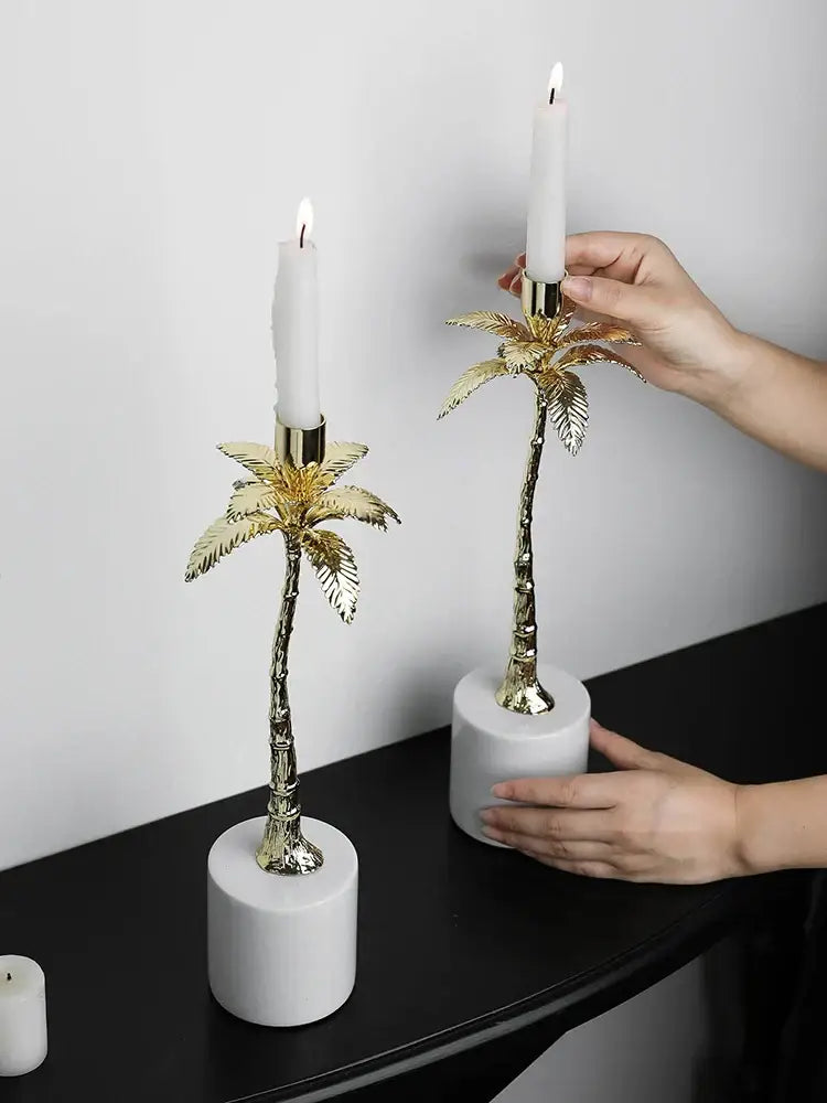 Golden metal candlestick palm tree with marble base dining room decor