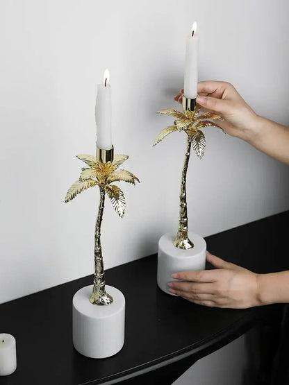 Golden metal candlestick palm tree with marble base dining room decor