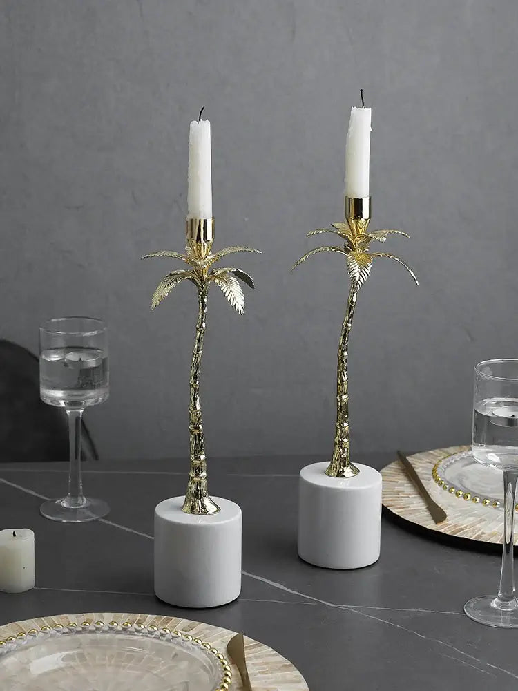 Golden metal candlestick palm tree with marble base dining room decor