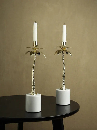 Golden metal candlestick palm tree with marble base dining room decor