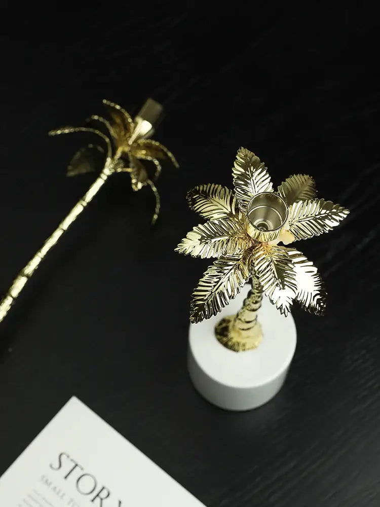 Golden metal candlestick palm tree with marble base dining room decor
