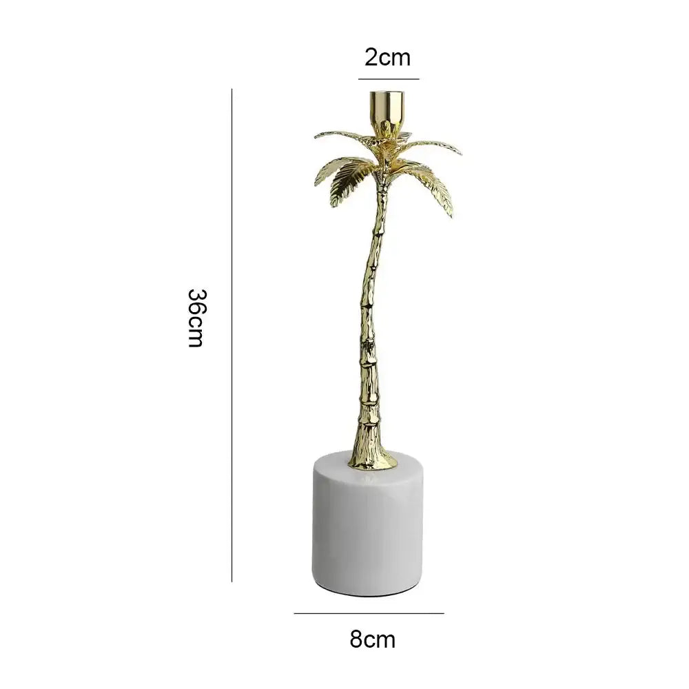 Golden metal candlestick palm tree with marble base dining room decor
