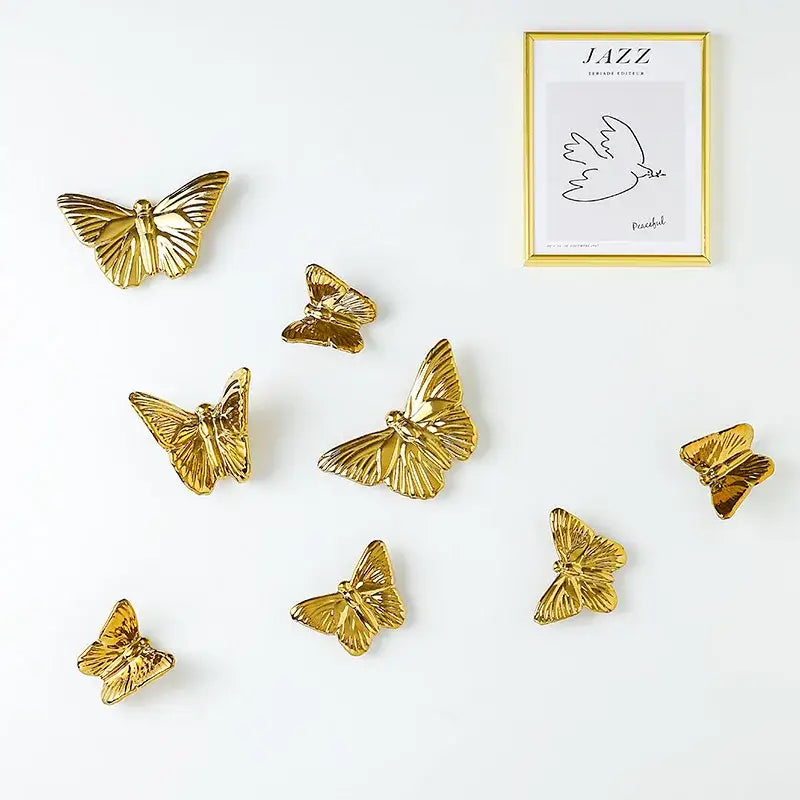 Golden metallic butterfly wall decoration set for living room