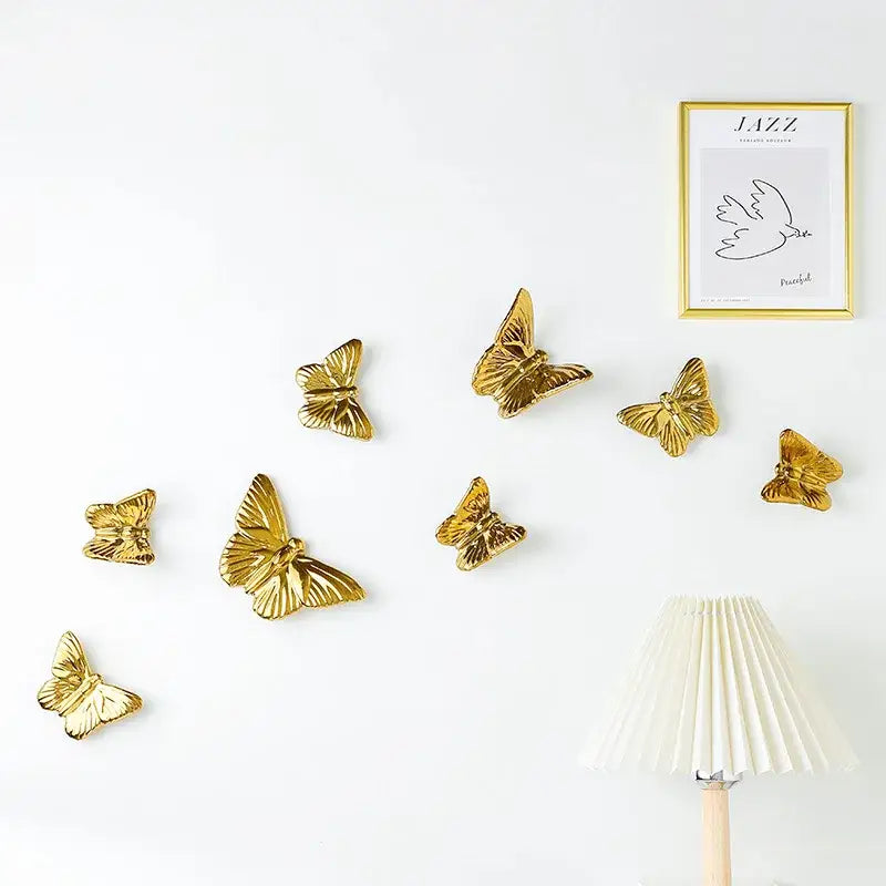 Golden metallic butterfly wall decoration set for living room