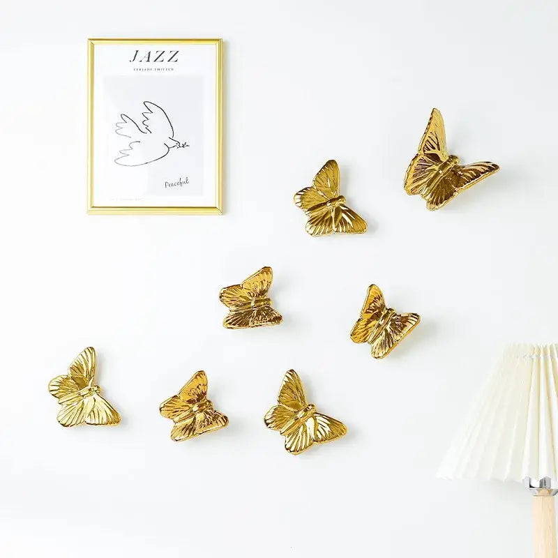 Golden metallic butterfly wall decoration set for living room