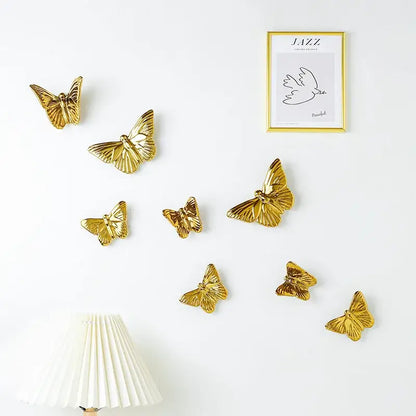 Golden metallic butterfly wall decoration set for living room