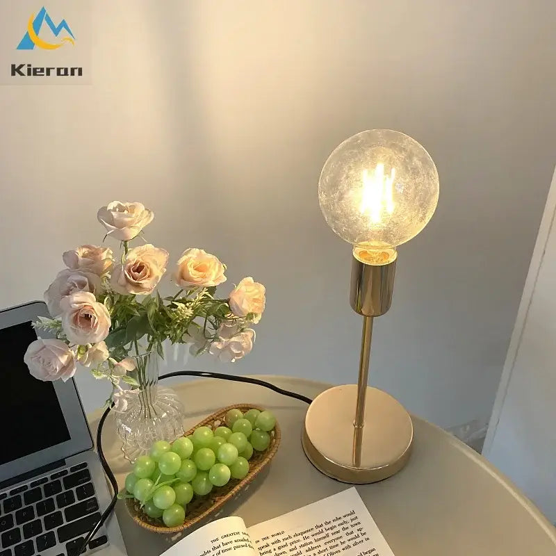Golden modern led bedside lamp textured glass bedroom light