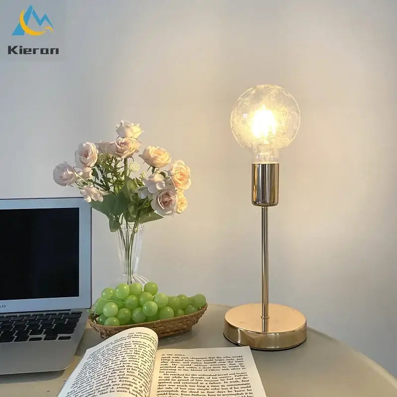 Golden modern led bedside lamp textured glass bedroom light
