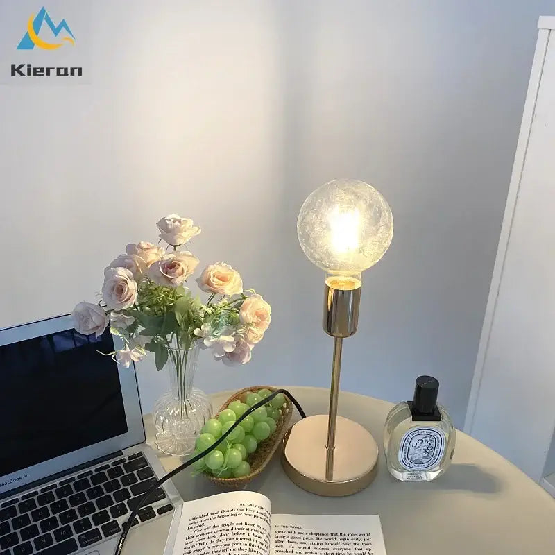 Golden modern led bedside lamp textured glass bedroom light