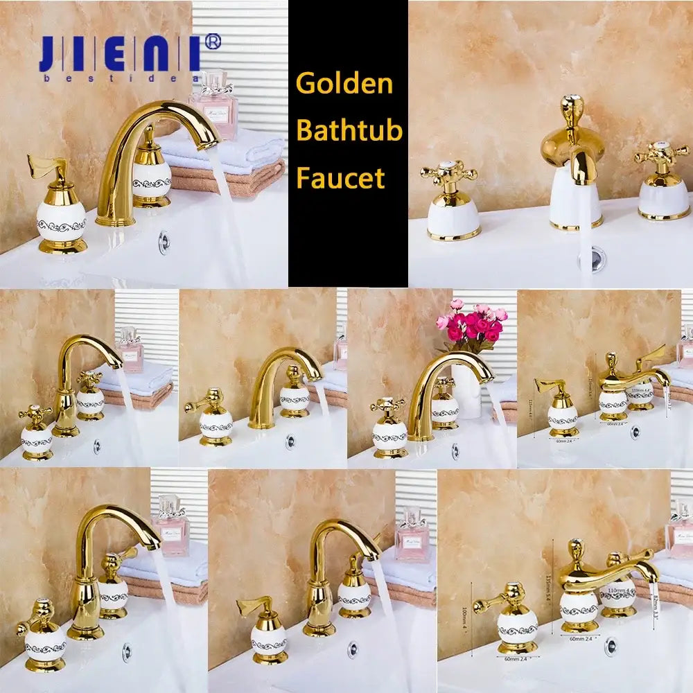 Golden plated bathroom faucet set with white ceramic handles
