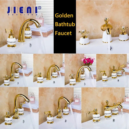 Golden plated bathroom faucet set with white ceramic handles