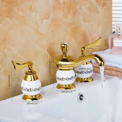 Golden plated bathroom faucet set with white ceramic handles