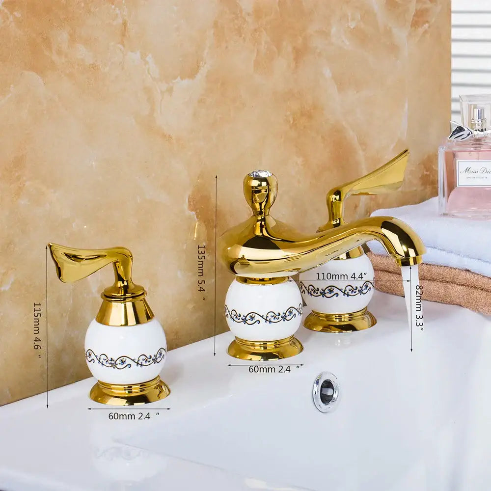 Golden plated bathroom faucet set with white ceramic handles