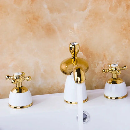Golden plated bathroom faucet set with white ceramic handles