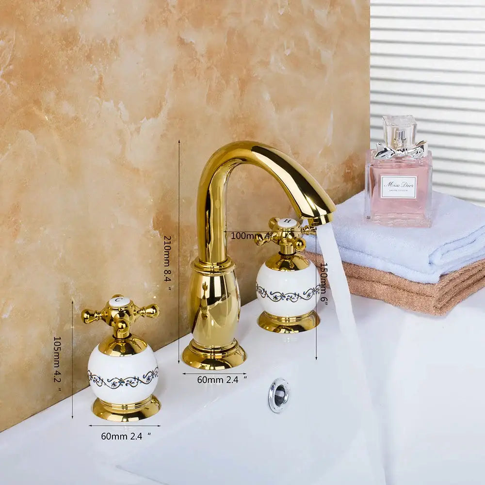 Golden plated bathroom faucet set with white ceramic handles